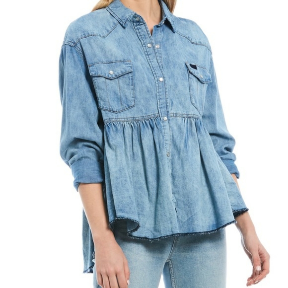 Free People Dylan Babydoll Snap Front Chambray Top - Picture 5 of 14